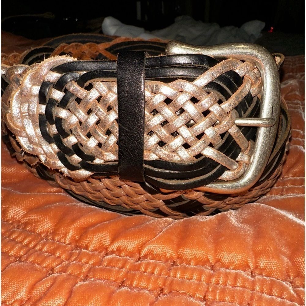 Linea Pelle Black Silver Braided Wide Leather Belt Size XL